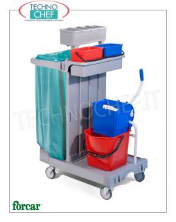 Forcar - Cleaning trolleys, 1 lt15 bucket, Wringer, Bag holder, Medium case, mod.CA1614 Multipurpose trolley for cleaning, complete with wringer, medium box, bag holder, 2 buckets of 4 lt, 1 bucket of 15 lt, broom hook, wheels diameter 100 mm, dim.mm.920x550x1240h