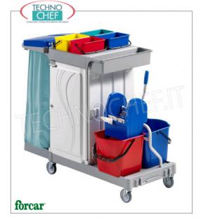 Forcar - Cleaning Trolley, 2 Buckets lt. 15, Wringer, Bag Holder, Central Compartment, mod.CA1616 Multi-purpose trolley for cleaning, complete with wringer, medium box, bottle basket, bag holder, 4 buckets of 4 lt and 2 buckets of 15 lt, brooms hooks, central compartment with sliding drawer, wheels Ø 100 mm, dim.mm.1330x680x1240h