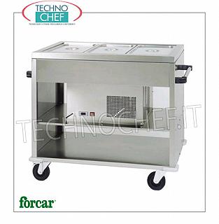 Refrigerated display stands FORCAR brand stainless steel refrigerated trolley, for 3 Gastro-Norm 1/1 containers (not included) or submultiples, temperature + 2 ° / + 10 ° C, V.230 / 1, Kw.0.25, dim.mm. 1240x720x940h