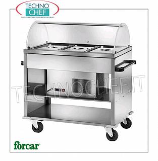 Refrigerated display stands FORCAR brand stainless steel refrigerated trolley, for 3 Gastro-Norm 1/1 containers (excluded) or submultiples, complete with plexiglass dome, temperature -5 ° / + 5 ° C, V.230 / 1, Kw.0, 25, dim.mm.1240x720x1260h