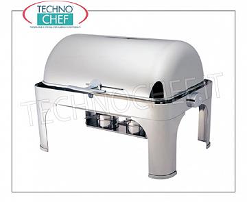 Chafing dish / Warmers Chafing dish in polished stainless steel for 1 GN 1/1 or submersible basin, bain-marie heating with alcohol burners, version with retractable roll-top cover 180 °, dim.mm.650x470x450h