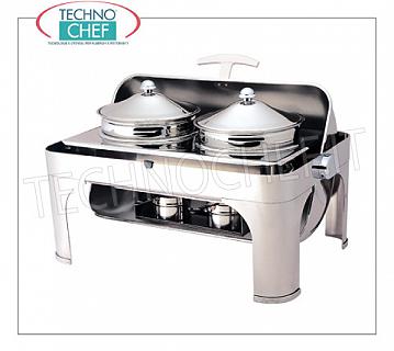 Food warmer / Chafing dish Chafing dish in polished stainless steel for 2 pots of 4,6 l each, bain-marie heating with alcohol burners, version with retractable sliding lid 180 ° roll-top, dim.mm.650x470x450h