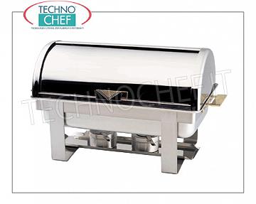 Food warmer / Chafing dish Polished stainless steel chafing dish for 1 GN 1/1 basin or submultiples, bain-marie heating with alcohol burners, version with 90 ° roll-top sliding cover and side handles, dim.mm.650x470x450h