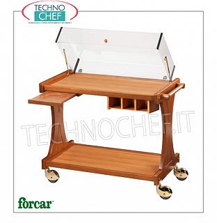 Trolleys for desserts and wooden cheeses Trolley for sweets, cheeses and appetizers in wood color NOCE, FORCAR brand, complete with plexiglass lifting dome, available options: cymbal stand, cutlery drawer etc. .., dim.mm.860x550x950h