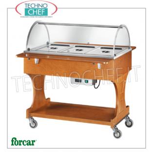 FORCAR - Technochef, Warm trolley in bain-marie, 3 GN 1/1 containers, Mod.CL2777 Warm display cabinet in bain-marie in NOCE wood, brand FORCAR, complete with plexiglass dome, 2 support shelves and lower shelf, capacity 3 GN 1/1 containers (excluded), temperature + 30 ° / + 90 ° C, V.230 / 1, Kw.2.00, dim.mm.1110x1120x1250h