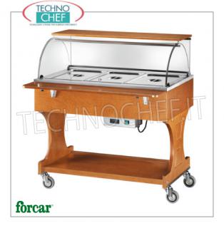 FORCAR - Technochef, Warm trolley in bain-marie, 3 GN 1/1 containers, Mod.CL2778 Warm display cabinet in bain-marie in NOCE-colored wood, brand FORCAR, complete with plexiglass dome, 2 support shelves and lower shelf, capacity 3 GN 1/1 containers (not included), temperature + 30 ° / + 90 ° C, V .230 / 1, Kw.2.00, dim.mm.1110x900x126