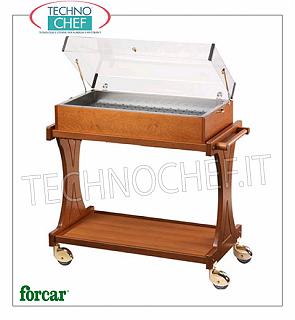 Refrigerated display trolleys Refrigerated trolley for desserts, cheeses and appetizers in WALNUT or WENGE color wood, brand FORCAR, complete with plexiglass dome, 8 eutectic plates and lower shelf, total capacity 50 Kg, dim.mm.1060x550x1080h
