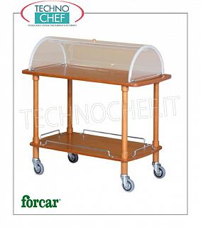Trolleys for desserts and wooden cheeses Trolley for desserts, cheeses and hors d'oeuvres in solid wood with semi-circular plexiglass dome open on both sides, FORCAR brand, 2 floors in NOCE stained plywood, 4 swiveling wheels diam.95 mm, dim.mm.1100x550x1070h