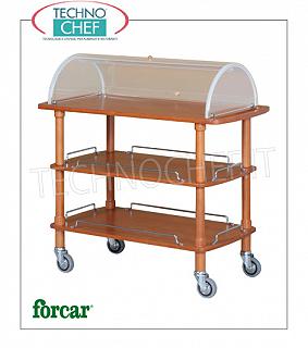 Trolleys for desserts and wooden cheeses Trolley for desserts, cheeses and hors d'oeuvres in solid wood with semi-circular plexiglass dome open on both sides, FORCAR brand, 3 floors in NOCE stained plywood, 4 swiveling wheels diam.95 mm, dim.mm.1100x550x1140h