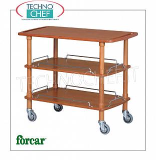 Wooden service trolleys Service trolley in solid wood, FORCAR brand, 3 shelves in WALNUT stained plywood, 4 swivel wheels diam.95 mm, dim.mm.1100x550x890h