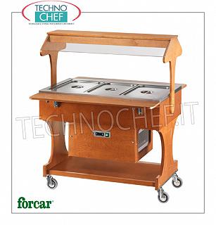 Refrigerated display trolleys Refrigerated display trolley in WALNUT or WENGE' color wood, FORCAR brand, complete with plexiglass dome and support shelves, capacity 3 GN 1/1 containers (not included), temp.+2°/+10°C, static refrigeration, V.230/1, Kw.0,25, dim.mm.1110x1120x1420h