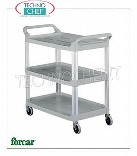 Service trolleys with aluminum frame and 3 plastic shelves Service trolley in aluminum and plastic, FORCAR brand, with 3 shelves and aluminum uprights, dim.mm.850x430x950h