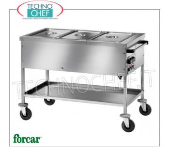 FORCAR - Technochef, Warm trolley in bain-marie, Mod.CT1758TD Stainless steel bain-marie thermal trolley, brand FORCAR, with tub for 2 Gastro-Norm 1/1 basins, h 150 mm (not included) and lower shelf, adjustable thermostat + 30 ° / + 90 ° C for each basin, V.230 / 1, Kw.2.00, dim.mm.840x650x850h