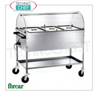 FORCAR - Technochef, Hot trolley in bain-marie, 3 GN 1/1 Basins, Mod.CT1760C Stainless steel bain-marie thermal trolley, FORCAR, with well for 3 Gastro-Norm 1/1 trays, h 200 mm (not included), plexiglass dome and lower shelf, adjustable thermostat +30°/+90°C, V.230/ 1, Kw.2,00, dim.mm.1170x670x1140h