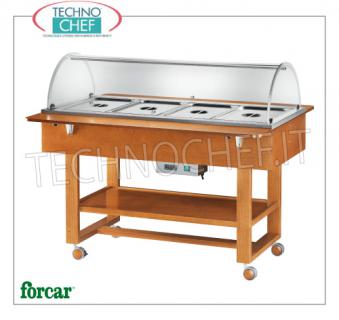 FORCAR - Technochef, Warm trolley in bain-marie, 4 GN 1/1 containers, Mod. ELC2832 Warm display cabinet in bain-marie in WALNUT color, FORCAR brand, complete with plexiglass dome, 2 support shelves and lower shelf, capacity 4 GN 1/1 (excluded), temp. + 30 ° / + 90 ° C, V.230 / 1, Kw.2.00, dim.mm.1480x1120x1250h