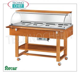 FORCAR - Technochef, Warm trolley in bain-marie, 4 GN 1/1 containers, Mod. ELC2834 Warm display cabinet in bain-marie in WALNUT color, FORCAR brand, complete with plexiglass dome, 2 support shelves and lower shelf, capacity 4 GN 1/1 (excluded), temp. + 30 ° / + 90 ° C, V.230 / 1, Kw.2.00, dim.mm.1480x900x1260h