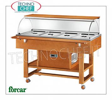 Refrigerated display trolleys Refrigerated display trolley in WALNUT or WENGE' color wood, FORCAR brand, complete with plexiglass dome, 2 support shelves, capacity 4 GN 1/1 trays (not included), temp.+2°/+10°C, static refrigeration , V.230/1, Kw.0,25, dim.mm.1480x900x1260h