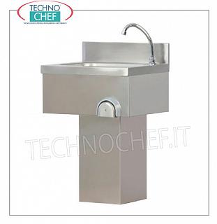 Column hand-operated stainless steel hand basin, wall-mounted Stainless steel wall-mounted hand basin with upstand, complete with knee control with timed spout and column casing, dimensions mm.500x400x800h