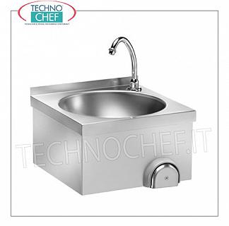 Stainless steel hand basin with knee control, for wall installation Wall-mounted stainless steel hand basin with upstand, circular bowl complete with knee control with timed spout, dimensions 400x400x320h mm