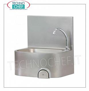 Stainless steel hand basin with knee and back control, for wall installation Stainless steel wall-mounted hand basin with back, knee control with timed spout, on rounded cabinet, dimensions 480x350x530h mm