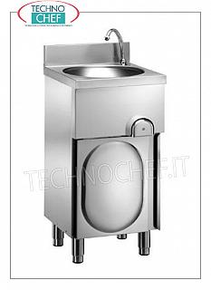 Stainless steel hand basin on cabinet with hinged door, knee operated Stainless steel hand basin on cabinet with hinged door, circular bowl complete with knee control with timed spout, dimensions 400x400x850h mm