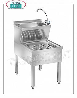 Professional-industrial STAINLESS STEEL WASHBASIN with UPPER TANK and LOWER TANK for Rags, Stainless steel hand basin with drop top semicircular basin, with sink for STRACCI underneath complete with mixer tap serving the 2 tanks, dimensions 700x500x890h mm