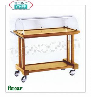 Trolleys for desserts and wooden cheeses Cart for cakes, cheeses and appetizers in wood color NOCE, FORCAR brand, with semicircular plexiglass dome, 2 laminate tops, 880x550x1080h dim.