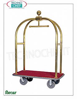 Forcar - TROLLEY FOR BAGS / CASES with COAT RACK, art. PV2001 Clothes trolley and bag holder, with structure in BRASS or STAINLESS steel tube, wooden shelf covered with carpet, dim.mm.1240x640x1900h