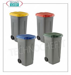 Waste bins for separate collection Polyethylene waste bins on 2 wheels, with manually operated COLORED lids, capacity lt.100, dim.mm.540x490x850h.