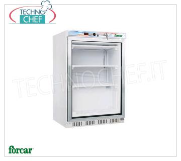 Forcar - STATIC Freezer-Freezer Cabinet, with FIXED EVAPORATING GRILLED SHELVES 1 Door, ECO, lt.130, Temp.-18°/ -22°C, Class D, mod.G-EF200G Freezer-Freezer Cabinet 1 glass door, STATIC with FIXED EVAPORATING GRILLED SHELVES, ECO Line, external structure in sheet metal, internal in ABS, 130 litres, Temp.-18°/-22°C, Gas R290, Class D, V. 230/1, Kw.0.27, Weight 45 Kg, dim.mm.600x600x855h