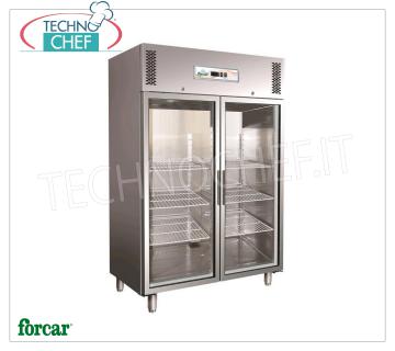 Forcar - Refrigerator 2 glass doors, INOX 304, lt.1325, Ventilated, Temp.+2°/+8°C, Class C, mod.G-GN1410TNG Refrigerated cabinet with 2 glass doors, capacity 1325 litres, temperature +2°/+8°C, ventilated refrigeration, gas R290, class C, gastronorm 2/1, V.230/1, kW.0.5, weight 208 kg , dim.mm.1480x830x2010h