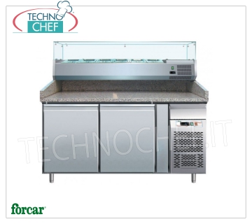 2 DOOR Refrigerated Pizza Counter, GRANITE Top and 1/3 or 1/4 gn Ingredients Display Case, CLASS B FORCAR 2 DOOR refrigerated pizza counter, with 330 mm deep refrigerated display case, capacity 7 GN 1/4 containers (265x162 mm), operating temperature -2/+8°C, V.230/1, Ventilated, ECOLOGICAL in Class B , Gas R290, Kw.0.26, dim.mm.1510x800x1390h