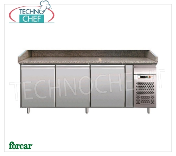 3 DOOR Refrigerated Pizza Counter, GRANITE Top, Ventilated, Class C REFRIGERATED PIZZA COUNTER with 3 DOORS, granite top, Temperature +2°/+8°C, ECOLOGICAL Venitlato in CLASS C, V.230/1, Kw.0,35, Weight 320 Kg, dim.mm.2020x800x1000h