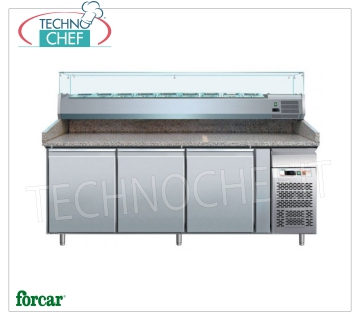 3 DOOR Refrigerated Pizza Counter, GRANITE Top and 1/3 or 1/4 gn Ingredients Showcase, Class C 3 DOOR refrigerated pizza counter, FORCAR brand, with 330 mm deep refrigerated display case, capacity 10 GN 1/4 pans (265x162 mm), operating temperature +2°/+8°C, Ventilated, ECOLOGICAL in Class C, Gas R290 , V.230/1, Kw.0,26, dim.mm.2020x800x1445h