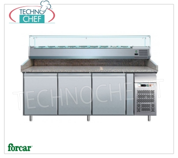 REFRIGERATED PIZZA COUNTER 3 DOORS, with refrigerated display case 380 mm deep REFRIGERATED PIZZA COUNTER 3 DOORS, with refrigerated display case 380 mm deep, capacity 9 GN 1/3 trays (325x175 mm), temperature +2°/+8°C, V.230/1, Ventilated, ECOLOGICAL in Class C, Gas R290 , Kw.0,26, dim.mm.2020x800x1445h