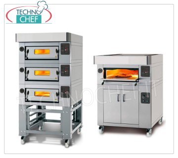 Modular electric pizza oven, CL CLASSIC line, chamber for 8 pizzas measuring 60x120 cm entirely in refractory material MODULAR electric pizza oven, for 8 pizzas diam. 300 mm, version with STAINLESS STEEL FRONT, CHAMBER COMPLETELY in REFRACTORY mm 600x1200x170h, V.400/3, Weight 200 Kg, Kw.8,5, external dimensions mm 1000x1560x400h