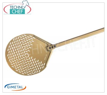 Round perforated aluminum pizza peel, Gold Line, handle length 150 cm Round perforated aluminum pizza peel, Gold Line, light, smooth and resistant, diameter 330 mm.