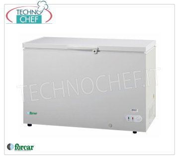 Forcar - PIT FREEZER, lt.368, Static, Temp. ≤ -18, Class F, mod.G-BD450S Horizontal chest freezer, ECO Line, white painted steel exterior, capacity 368 litres, temperature ≤ -18, static refrigeration, ECOLOGICAL in Class F, Gas R600a, V.230/1, Kw.0.086, Weight 51 Kg, dim .mm.1275x750x850h