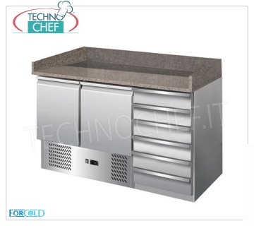 GN Refrigerated Pizza Counter, 2 Doors, 6 Drawers, Granite Top with Backsplash, Class E REFRIGERATED PIZZA COUNTER 2 doors + Chest of 6 drawers, granite top with splashback on 3 sides, Ventilated Temp.+2°/+8°C, ECOLOGICAL in Class E, Gas R600a, V.230/1, Kw.0.235, Weight 198 Kg, dim.mm.1420x700x1020h