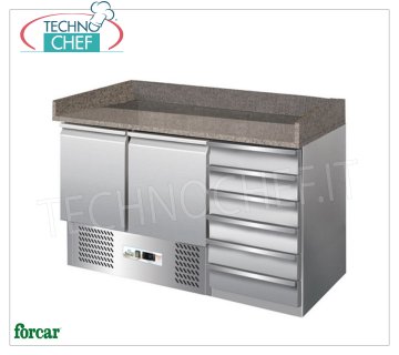 GN Refrigerated Pizza Counter, 2 DOORS + CHEST OF DRAWERS, Granite Top, Backsplash, CLASS C REFRIGERATED PIZZA COUNTER 2 DOORS + CHEST OF DRAWERS, granite top with splashback on 3 sides, Temp.+2°/+8°C, Static, ECOLOGICAL in Class C, Gas R600a, V.230/1, Kw.0.155, Weight 268 Kg, dim.mm.1400x700x1020h