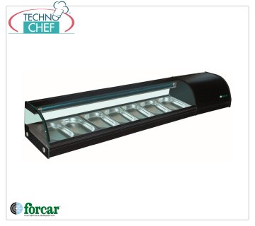 Forcar - Refrigerated display case for Sushi, capacity 7 GN 1/3 containers h 40 mm, mod.G-SSS1800 Refrigerated display case for Sushi, capacity 7 GN 1/3 containers, Class B, temperature +0°/+6°C, V.230/1, Kw.0.23, dim.mm.1800x415x300h
