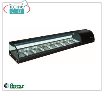Forcar - Refrigerated display case for Sushi, capacity 8 GN 1/3 containers h 40 mm, mod.G-SSS2000 Refrigerated display case for Sushi, capacity 8 GN 1/3 containers, Class C, temperature +0°/+6°C, V.230/1, Kw.0.23, dim.mm.2000x415x300h