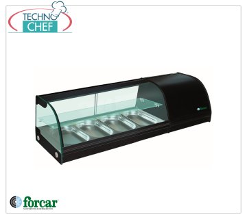 Forcar - Refrigerated display case for Sushi, 2 shelves, capacity 4 GN 1/3 containers h 40 mm, mod.G-TS1200 Refrigerated display case for Sushi, 2 shelves, capacity 4 GN 1/3 containers, Class B, temperature +4°/+8°C, V.230/1, Kw.0.16, dim.mm.1200x415x300h