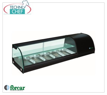 Forcar - Refrigerated display case for Sushi, 2 shelves, capacity 5 GN 1/3 containers h 40 mm, mod.G-TS1500 Refrigerated display case for Sushi, 2 shelves, capacity 5 GN 1/3 containers, Class B, temperature +4°/+8°C, V.230/1, Kw.0.16, dim.mm.1500x415x330h
