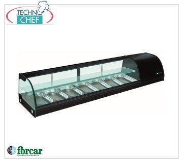 Forcar - Refrigerated display case for Sushi, 2 shelves, capacity 7 GN 1/3 containers h 40 mm, mod.G-TS1800 Refrigerated display case for Sushi, 2 shelves, capacity 7 GN 1/3 containers, Class B, temperature +4°/+8°C, V.230/1, Kw.0.23, dim.mm.1800x415x300h
