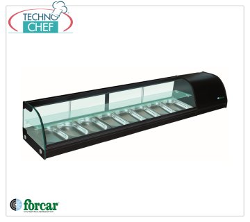 Forcar - Refrigerated display case for Sushi, 2 shelves, capacity 8 GN 1/3 containers h 40 mm, mod.G-TS2000 Refrigerated display case for Sushi, 2 shelves, capacity 8 GN 1/3 containers, Class C, temperature +4°/+8°C, V.230/1, Kw.0.23, dim.mm.2000x415x300h