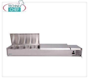 Stainless steel pizza ingredient display case, refrigerated, 180 cm long, for 9 GN 1/4 containers, Horizontal REFRIGERATED SHOWCASE with STAINLESS STEEL structure and lid for PIZZA INGREDIENTS, Temp. +2°/+8 °C, line with DEPTH 335 mm for 9 GN 1/4 containers, V.230/1, Kw 0.145, Weight Kg.43 , dim.mm.1800x335x285h.