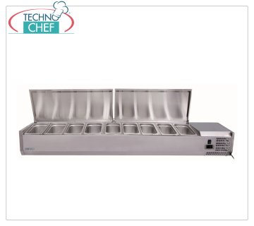 Stainless steel pizza ingredient display case, refrigerated, 200 cm long, for 10 GN 1/4 containers, Horizontal REFRIGERATED SHOWCASE with STAINLESS STEEL structure and lid for PIZZA INGREDIENTS, Temp.+2°/+8°C, line with DEPTH 335 mm for 10 GN 1/4 containers, V.230/1, Kw 0.145, Weight Kg.54 , dim.mm.2000x335x285h.