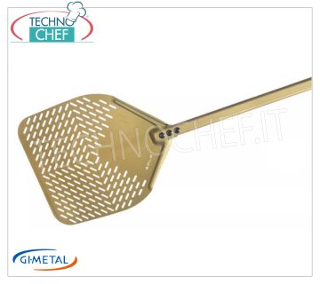 Rectangular perforated aluminum pizza peel, Gold Line, handle length 150 cm Rectangular perforated aluminum pizza peel, Gold Line, light, smooth and resistant, dim. 330x330mm.