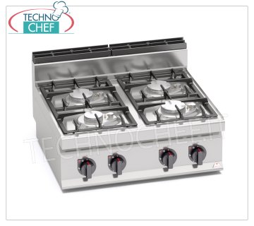 TECHNOCHEF - GAS COOKER 4 BURNERS TOP, Kw.21,5, Mod.G7F4BPW 4 BURNERS GAS COOKER TOP, BERTO'S, MACROS 700 Line, ECO POWER Series, thermal power Kw.21,5, Weight 35 Kg, dim.mm.800x700x290h